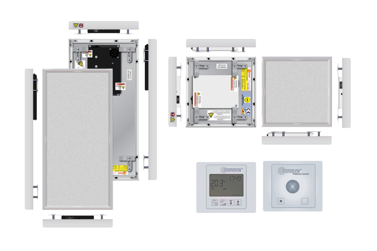 Exploded and orthographic vector views of an infrared heating panel showing rear mounting brackets and digital control interface