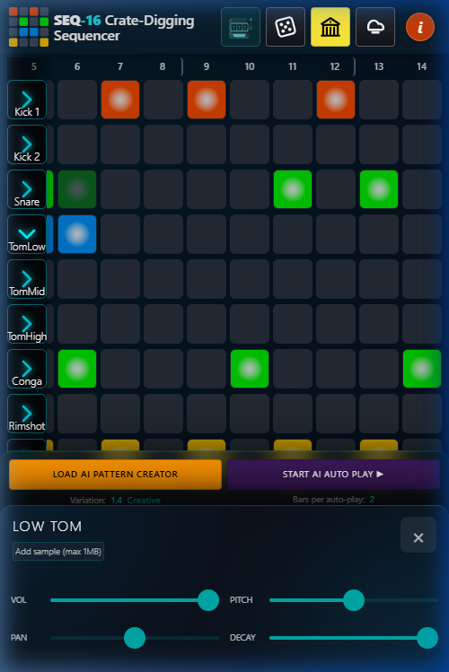 Mobile per-track bottom sheet open for Low Tom, showing VOL, PAN, PITCH and DECAY sliders while the sequencer grid remains visible and interactive behind the sheet