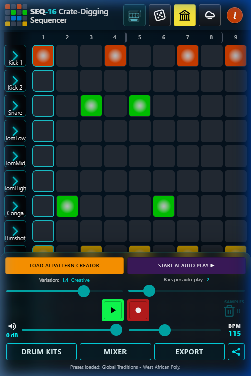 Mobile: the same instrument reorganised into a scrollable step grid, transport controls, AI buttons, and DRUM KITS / MIXER / EXPORT tab bar at the bottom
