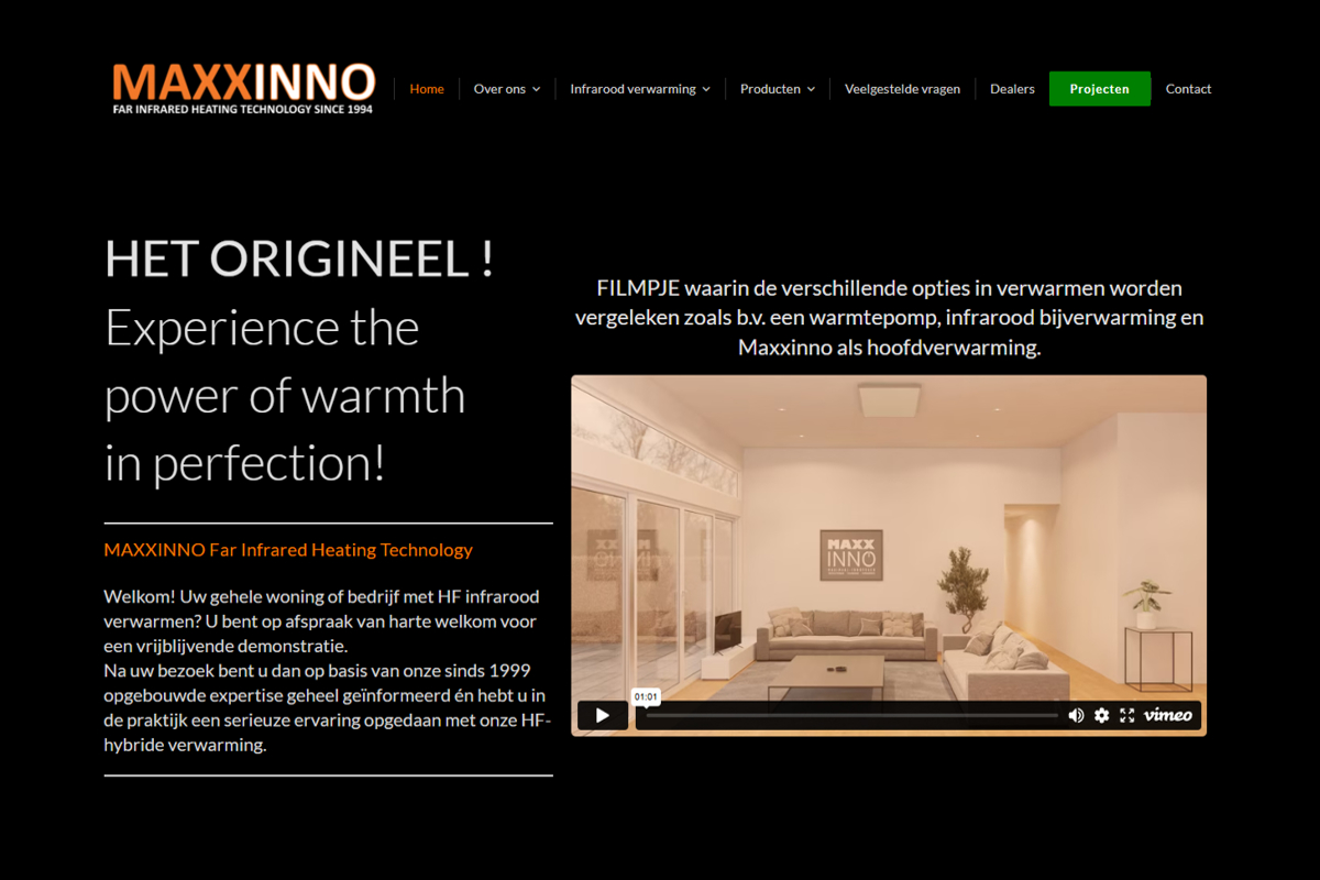 Maxxinno corporate website homepage featuring dark mode design and infrared heating product video
