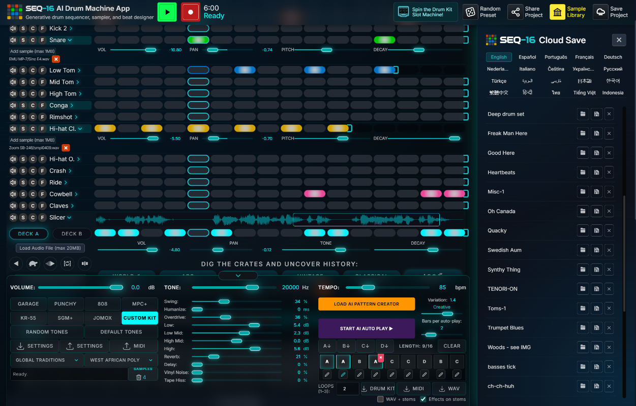 The SEQ-16 interface featuring a dark-mode sequential grid with vibrant step indicators and rhythmic control parameters.