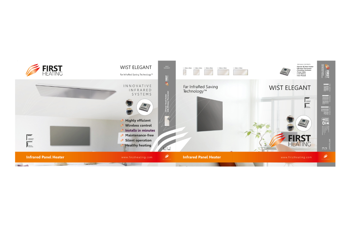 Full flat-lay packaging design for infrared heating panel featuring minimalist typography and product application imagery