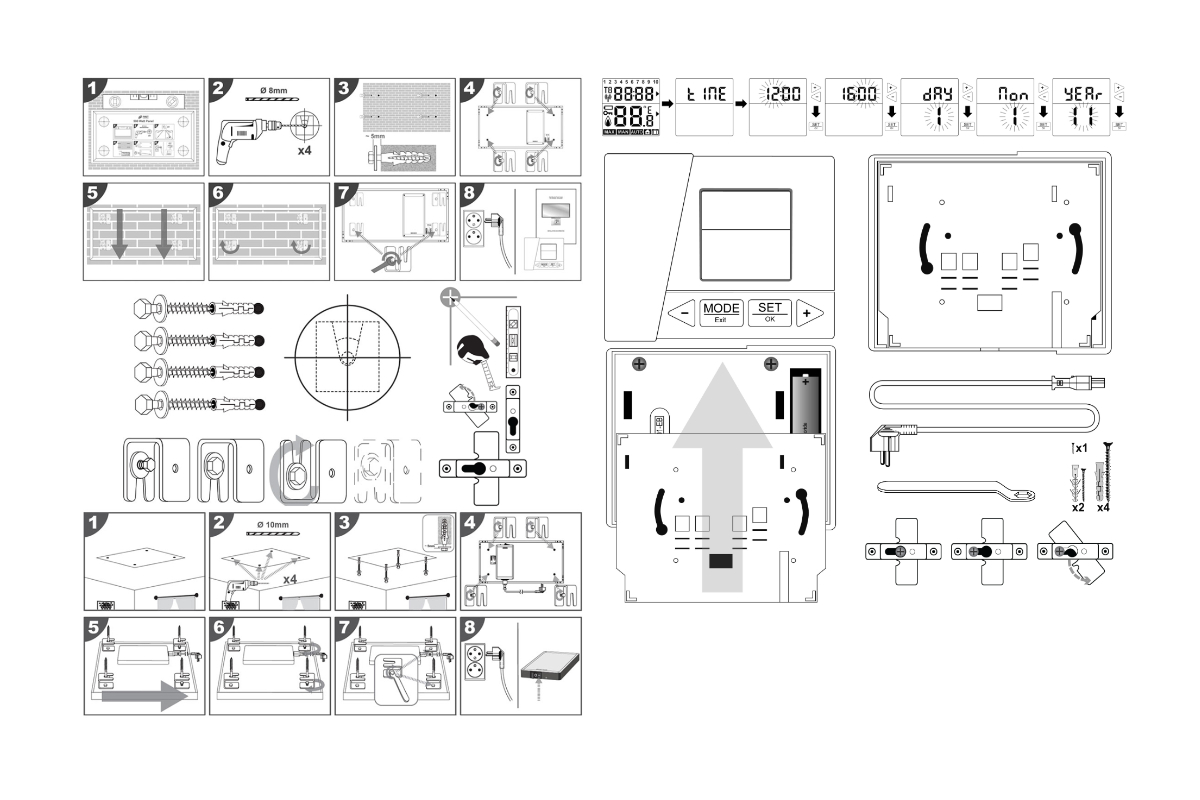 Step-by-step vector instructional manual showing wall-mounting installation, drilling diagrams, and thermostat programming icons