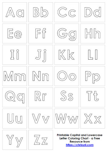 Free printable capital and lowercase letter coloring chart worksheet for preschool and kindergarten kids.